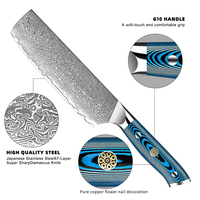 Ensemble de couteaux de chef en acier damassé japonais ambré Nouvelle arrivée avec manche bleu G10 pour la cuisine et la cuisine Modèle Nakiri