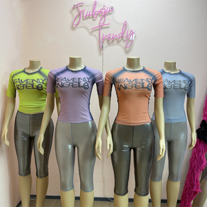 Women Letter Mesh O Neck Short Sleeve Slim Crop <strong>Top</strong> and <strong>See</strong> <strong>Though</strong> Knee Length Pants Two Piece Sets - Product Image 1