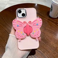 Mignon Rose Papillon Support Téléphone étui pour iphone 16 15 14 Plus 13 12 11 Pro Max XR Max Antichoc Anti-chute TPU Soft Shell Fille