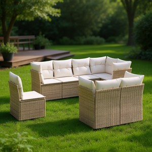 D0100XF4P42 Conjunto de Sofás Modulares de Ratán Beige para Jardín, Muebles de Exterior, Diseño Contemporáneo y Confortable - Product Image 2