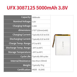 UFX3087125 Sel Baterai Lithium Polymer Isi Ulang 3.8V 5000mAh Berenergi Tinggi untuk <span class=keywords><strong>Tablet</strong></span>, iPad, dan Laptop dengan Sertifikat UL 1642 - Product Image 2
