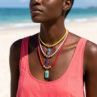 Collier ras du cou en cordon de cuir coloré avec pendentif en pierre naturelle, bijoux bohèmes tendance pour femmes