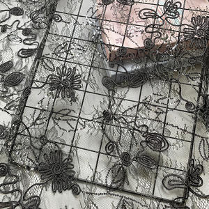 Tissu en dentelle Aso Ebi africain noir de haute qualité, maille transparente avec broderie cordonnée et jacquard à sequins pour vêtements féminins - Product Image 1