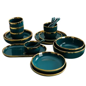 Gros Exquis de luxe style nordique 26 pcs Malachite Vert or jante En Céramique de vaisselle En Céramique Bol Plaque Couverts cadeau Ensemble