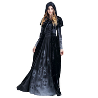 Robe de sorcière gothique à manches évasées et motif tête de mort pour jeu de rôle TV, déguisement pour maison hantée et fête d'Halloween
