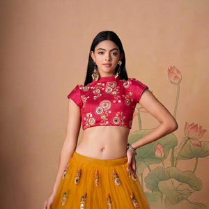 Pink Flock Printed Embroidered Lehenga Choli <b>Net</b> Tulle <b>Skirt</b> Short Sleeve Regular Loose Fit Quick Dry Festival Wedding Indian - Product Image 1