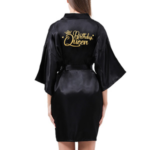 Robe de soirée élégante en soie glacée pour femme, col en V, ceinture à la taille, imprimé feuille d'or 'Reine des Anniversaires', pour mariée, sœur de la mariée ou mariage - Product Image 1