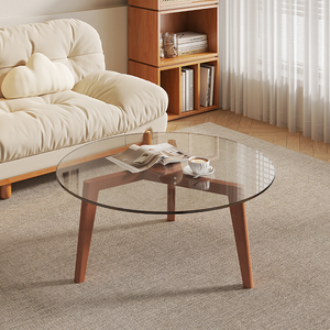 Table basse ronde moderne avec plateau en verre trempé et pieds en bois, design mi-siècle, meubles de salon, facile à nettoyer - Product Image 1