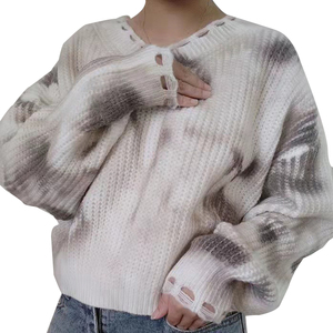 CY Mujer Tie-dyed Spray Dyeing Knit Pullover Cable Combinación <span class=keywords><strong>Cuello</strong></span> redondo Diseño <span class=keywords><strong>de</strong></span> corte <span class=keywords><strong>de</strong></span> gran tamaño Collar Cuff Sweater - Product Image 2