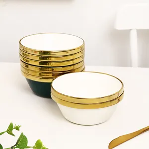 Nordic Ceramic Bowl Large Household Soup Bowl 8 Inch Personalized Green White Salad Bowl with Gold Rim