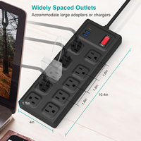 Multiprise intelligente Vastfafa US avec protection contre les surtensions, 16A, 10 prises, charge USB, rallonge portable 3m, fiche plate noire double