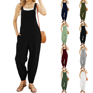 Combinaison décontractée en coton et lin pour femme avec poches ajustées à la taille, pantalon skinny boutonné, couleur unie, respirante - Product Image 1