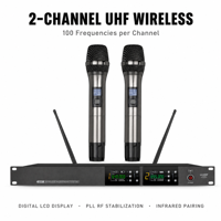Micrófono Inalámbrico de Mano, Doble Canal, 100M, Pantalla LCD Digital, Sistema de Micrófono Dinámico UHF para Karaoke