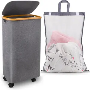 Bamboo foldable laundry basket with mesh inner bag and wheels for dorm room essentials waterproof storage box