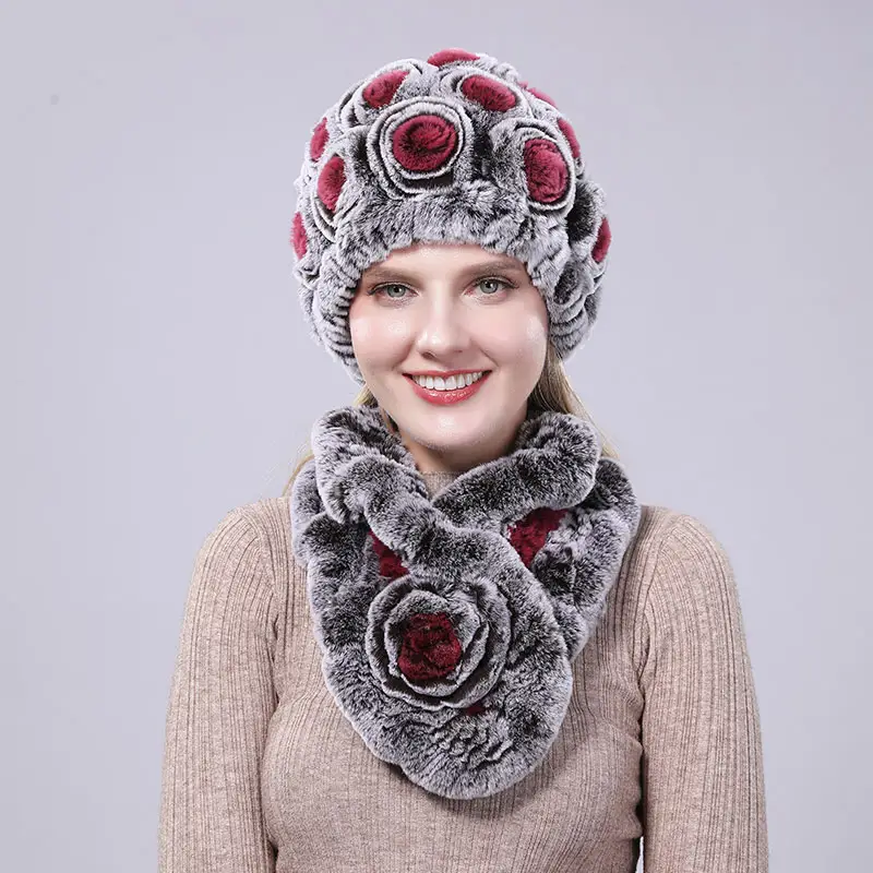 Gorros y bufandas de pelo de conejo Rex para mujer, de varios colores, tejidos a mano, con flores cálidas, para invierno