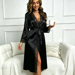 <span class=keywords><strong>Chemise</strong></span> de <span class=keywords><strong>nuit</strong></span> sexy en dentelle à manches longues, nuisette confortable en satin pour <span class=keywords><strong>femme</strong></span> avec cordon de taille - Product Image 1