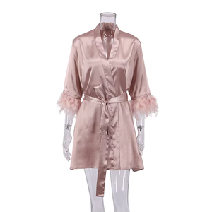 Wholesale Luxury Soft Polyester Satin Women's Fashion V-Neck Long Sleeve Short Length Breathable Quick Dry <strong>Robe</strong> With Frather - Product Image 1