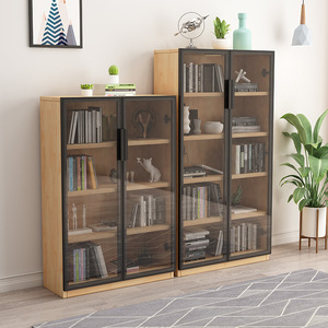 Solid Wood Minimalist Glass <b>Door</b> Bookcase With Motion <b>Sensor</b> Light Floor Standing Display Cabinet Office Dustproof Wooden - Product Image 1