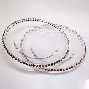 12.6 inches clear wedding gold glass plates wholesale silver beaded charger plates gold beaded dinner plates
