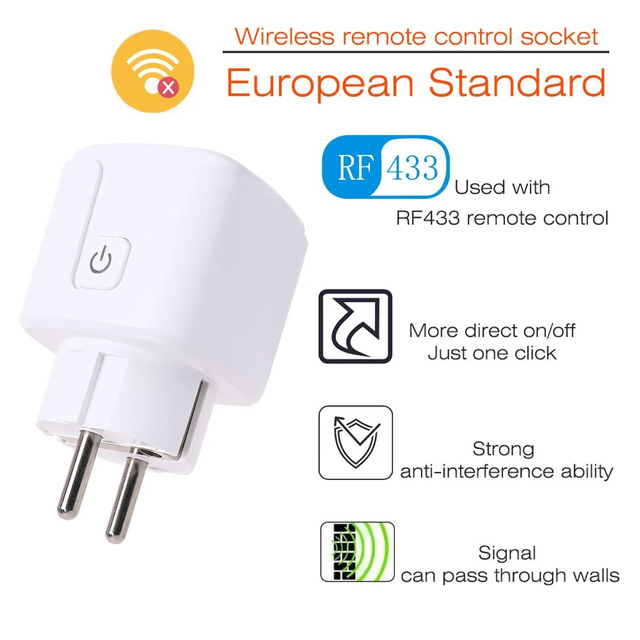 EU 10A 433.92Mhz Smart Plug Wireless Remote Control Switch for Lamps and Household Appliances
