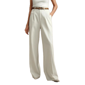 Pantalon droit taille haute pour femme en tissu peigné anti-boulochage, coupe décontractée ample, longueur pleine, devant plat, fermeture éclair, blanc minimaliste - Product Image 1