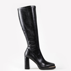 Retro High Chunky Heels Long Booties Square Metal Toe Side Zipper Stretchy <b>Shoes</b> Women Western Style Knee High Boots - Product Image 3