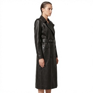 Gabardina Negra de Cuero Genuino Ecológico de Secado Rápido, Doble Botonadura, con Cinturón, Largo Midi, Ropa Exterior para Mujer, Otoño-Invierno - Product Image 6