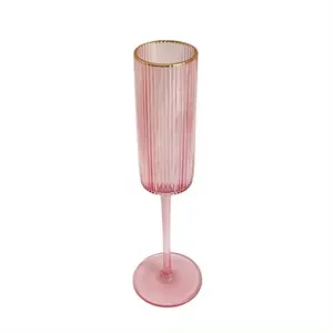 Vintage-Style Wedding Wine Goblets Vertical Stripe Unique Long Stem Cylinder Ripple Pink Champagne Wine Glasses Set
