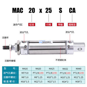 Cylindre MAC Mini en acier inoxydable à double action à piston amorti par air avec roulement 16/20/25/32/40*25/50/75~3000SCA-U-CM - Product Image 1
