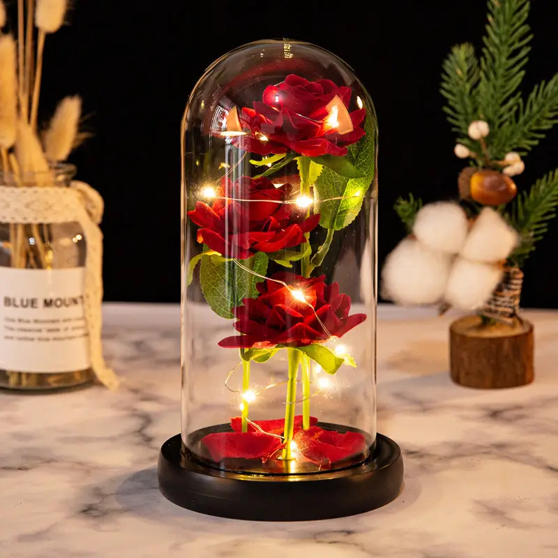 Drie Bewaarde Bloem Valentijnsdag Geschenken Ideeën Betoverde Led-verlichting In Glas Dome Eeuwige Rose Ornamenten