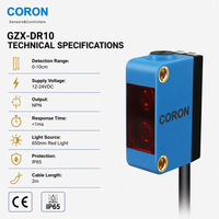 CORON GZX Capteur photoélectrique compact de type carré réflecteur diffuseur avec câble de 2 m, sortie NPN, plage de détection 0-10 cm, IP65