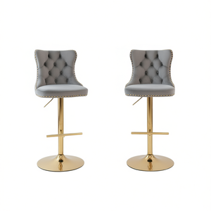 Tabourets de bar gris capitonnés, hauteur réglable de 25 à 33 pouces, pivotants dorés, siège moderne rembourré en velours, mobilier pour la maison et les bars - Product Image 1