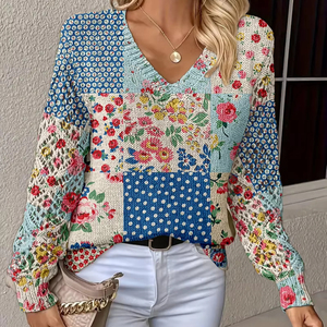 Maglione Vintage con Stampa Floreale e <span class=keywords><strong>Pois</strong></span>, Casual Primaverile, Maniche Lunghe, Scollo a V, 100% Poliestere Traspirante - Product Image 1