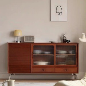 Aparador de madera maciza de 120x40x80 cm con puerta de vidrio, mueble de almacenamiento para sala de estar y cocina. - Product Image 1