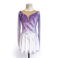 Robe de patinage et de danse pour enfants et adultes, dégradé violet et blanc, manches longues en maille, jupe à volants ornée de strass, pour compétition et spectacle de patinage sur glace