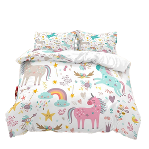 Parure de lit licorne moderne pour filles, motif dessin animé, taille Queen, rose/bleu/gris, fleurs, arc-en-ciel, étoiles, 3 pièces, 2 taies d'oreiller, polyester - Product Image 1