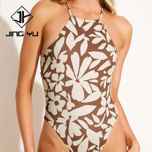 Wholesale beach print fashion halter neck swimwear OEM custom recycled polyester one-piece swimsuit - Product Image 4