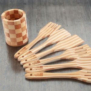 Suministro directo de fábrica Juego de espátula de bambú a rayas de cuatro piezas Incluye utensilios y cubos de almacenamiento con rejillas - Product Image 2