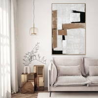 Peintures abstraites de paysages faits à la main, tons neutres avec des formes peintes et des découpes sur toile, art mural