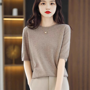 Women's Knitted Short Sleeve Sweater Loose Fit Round Neck <b>Wool</b> <b>Base</b> <b>Layer</b> Spring Autumn Solid Color Smlxlxxl - Product Image 1