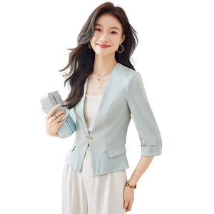 Women's Blazer Summer 2025 Slim Fit Short Jacket Breathable Solid Color Polyester For Petite Women - Product Image 5