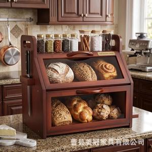 Boîte à pain en bois Siyu à double couche avec porte-couteaux et pots à épices, rangement de cuisine pour pain et pâtisseries - Product Image 1