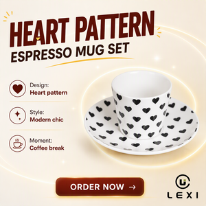 Schwarzes Herzmuster Porzellan-Espressotassen-Set mit Untertasse 80ml Weiße Keramiktasse ohne Henkel mit individuellem Logo Großhandel Geschenkbox - Product Image 2