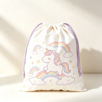 Sac à cordon en lin crème personnalisé avec imprimé licorne arc-en-ciel mignon, écologique, anti-poussière, pour ranger les cadeaux d'activités scolaires
