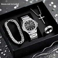 LP62 Ensemble de 4 montres à quartz carrées en alliage argenté pour homme, étanches, pour affaires, avec collier, bracelet et bague assortis – Cadeau sélectionné