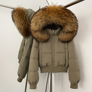 Chaqueta Corta Acolchada Blanca Personalizada para <span class=keywords><strong>Mujer</strong></span>, Chaqueta con Capucha de Piel, Chaqueta de Plumón para <span class=keywords><strong>Mujer</strong></span> - Product Image 3