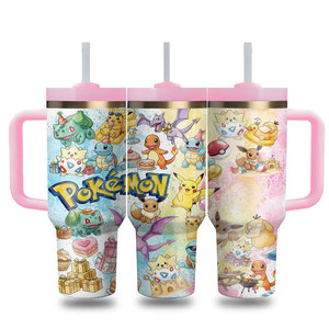 40oz Cute Cartoon <strong>Pokemoned</strong> Print Stainless Steel Tumbler with Handle Straw Vacuum Insulated Travel <strong>Mug</strong> Water Bottle Coffee Cup - Product Image 4