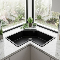 Évier de cuisine en composite de quartz noir en forme de L, à cuve unique, en granit, à poser en surplomb/sous plan avec trop-plein