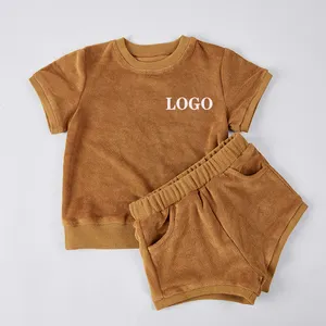 Custom summer crew neck toddler kids outfit 2pc clothing set children girls Terry toweling tracksuit