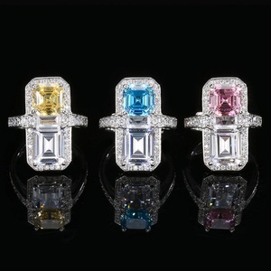 Bijoux de mode écologiques en cuivre, anneau à double pierre en zircon rose et bleu taille émeraude 8*10mm et 8*8mm pour femmes - Product Image 3